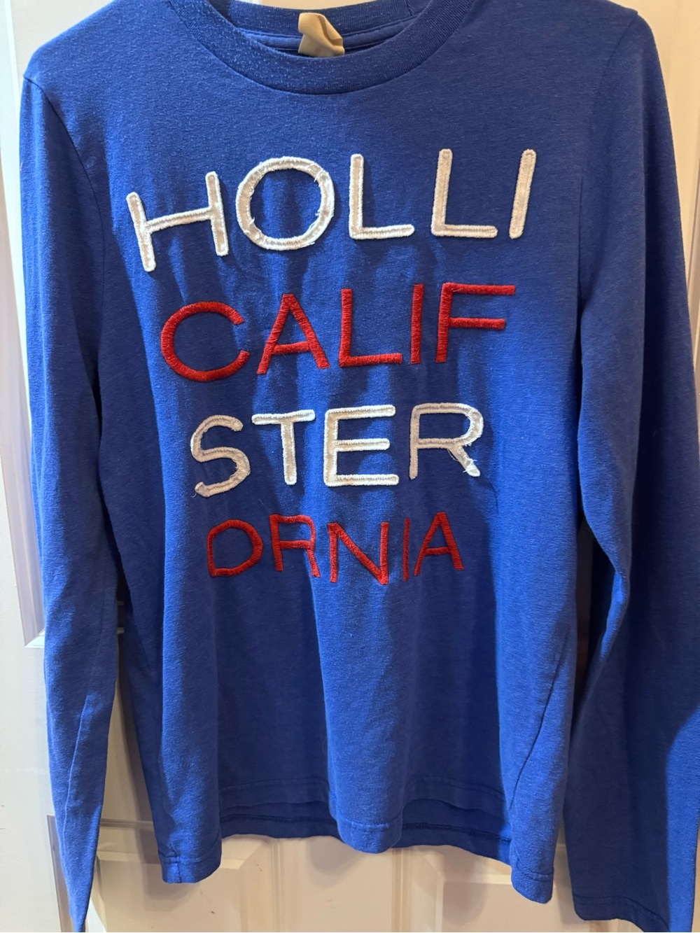 Hollister Men's Royal Blue Crewneck Sweatshirt with White and Red Logo